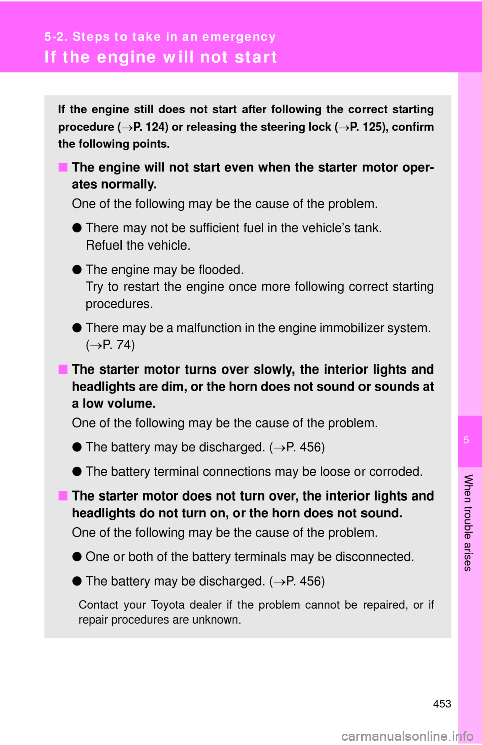 TOYOTA FJ CRUISER 2011 1.G Owners Manual 5
When trouble arises
453
5-2. Steps to take in an emergency
If the engine will not star t
If the engine still does not start after following the correct starting
procedure ( P. 124) or releasing t