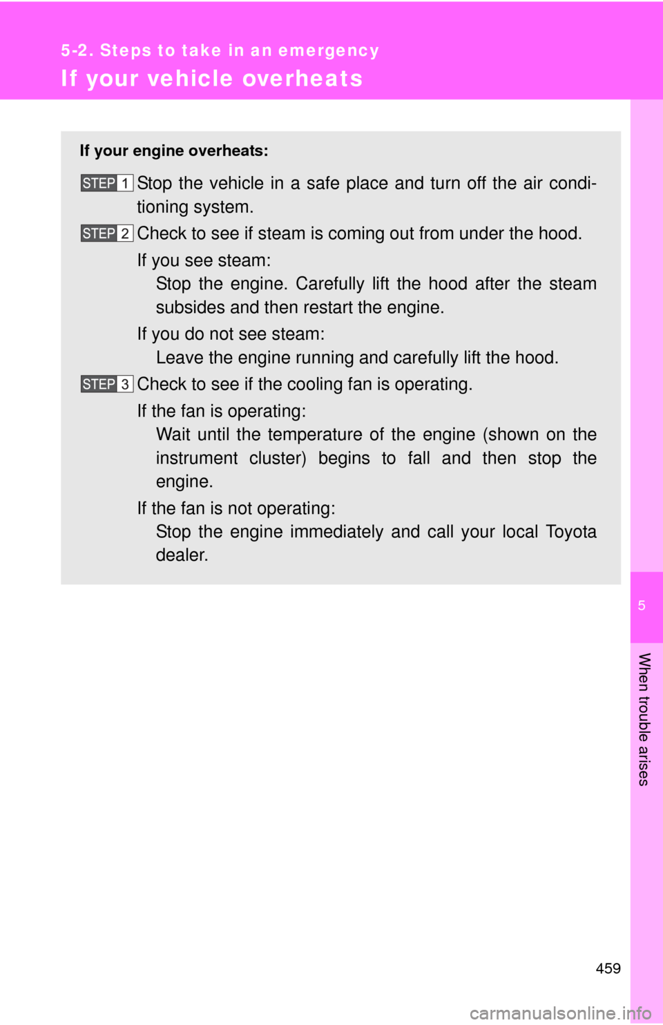 TOYOTA FJ CRUISER 2011 1.G Owners Manual 5
When trouble arises
459
5-2. Steps to take in an emergency
If your vehicle overheats
If your engine overheats:
Stop the vehicle in a safe place and turn off the air condi-
tioning system.
Check to s