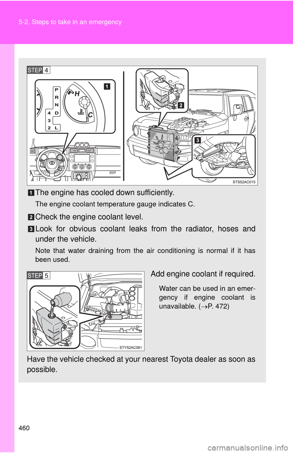 TOYOTA FJ CRUISER 2011 1.G Owners Manual 460 5-2. Steps to take in an emergency
The engine has cooled down sufficiently.
The engine coolant temperature gauge indicates C.
Check the engine coolant level.
Look for obvious coolant leaks from th