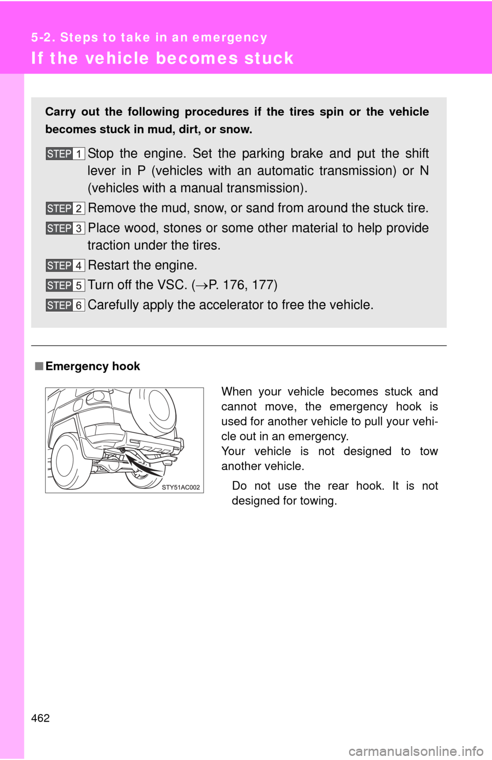 TOYOTA FJ CRUISER 2011 1.G Owners Manual 462
5-2. Steps to take in an emergency
If the vehicle becomes stuck
■Emergency hook
Carry out the following procedures if  the tires spin or the vehicle
becomes stuck in mud, dirt, or snow.
Stop the
