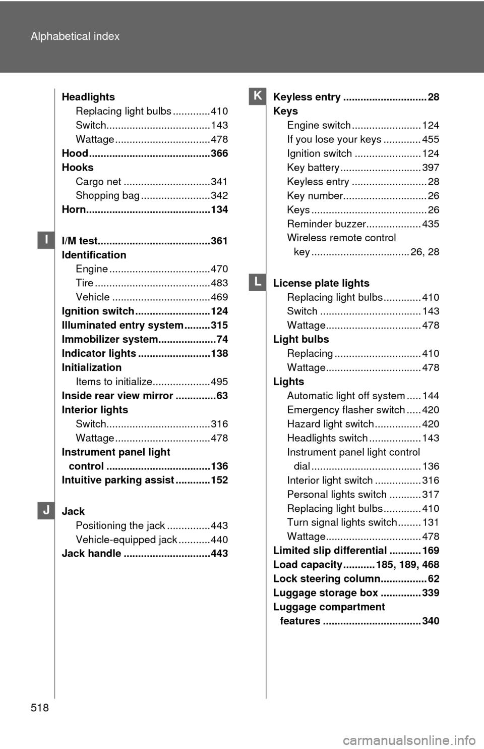 TOYOTA FJ CRUISER 2011 1.G Owners Manual 518 Alphabetical index
HeadlightsReplacing light bulbs ............. 410
Switch.................................... 143
Wattage ................................. 478
Hood .............................