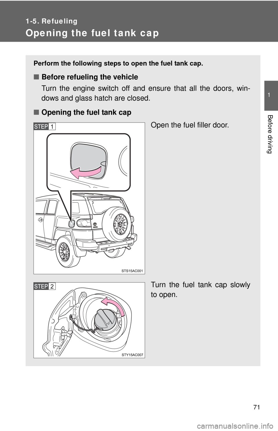 TOYOTA FJ CRUISER 2011 1.G Manual PDF 71
1
Before driving
1-5. Refueling
Opening the fuel tank cap
Perform the following steps to open the fuel tank cap.
■Before refueling the vehicle
Turn the engine switch off and ensure that all the d