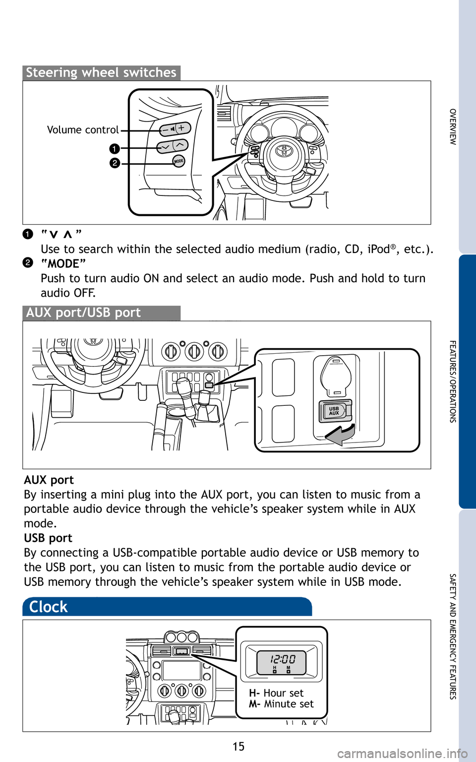 TOYOTA FJ CRUISER 2011 1.G Quick Reference Guide 15
OVERVIEW
FEATURES/OPERATIONS
SAFETY AND EMERGENCY FEATURES
“       ” 
Use to search within the selected audio medium (radio, CD, iPod®, etc.).
“MODE”
Push to turn audio ON and select an au