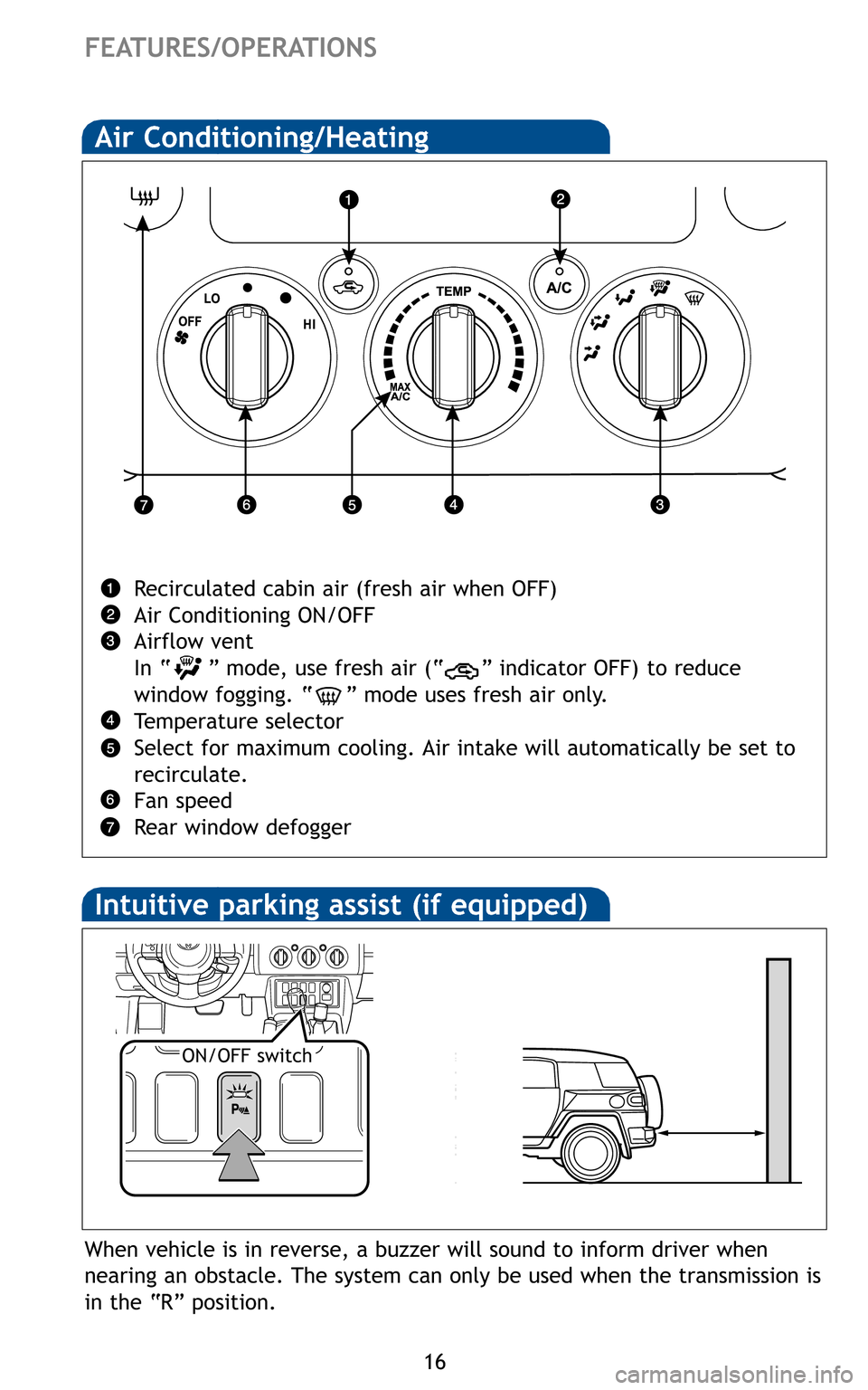 TOYOTA FJ CRUISER 2011 1.G Quick Reference Guide When vehicle is in reverse, a buzzer will sound to inform driver when
nearing an obstacle. The system can only be used when the transmission is
in the “R” position.
ON/OFF switch
Intuitive parki TOYOTA FJ CRUISER 2011 1.G Quick Reference Guide When vehicle is in reverse, a buzzer will sound to inform driver when
nearing an obstacle. The system can only be used when the transmission is
in the “R” position.
ON/OFF switch
Intuitive parki