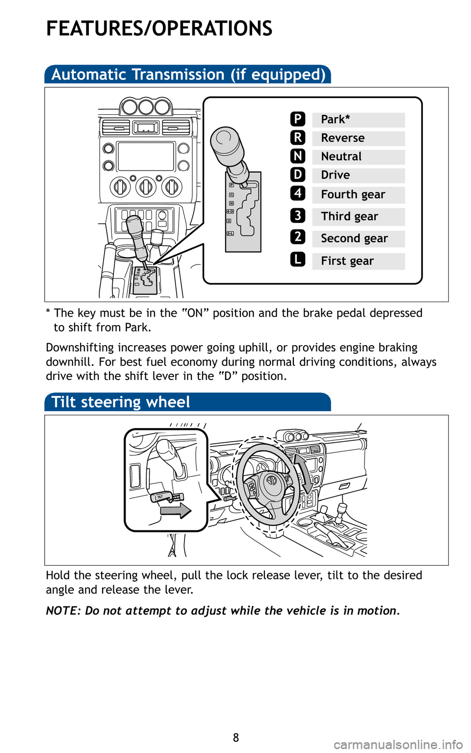 TOYOTA FJ CRUISER 2011 1.G Quick Reference Guide FEATURES/OPERATIONS
8
Automatic Transmission (if equipped)
Downshifting increases power going uphill, or provides engine braking
downhill. For best fuel economy during normal driving conditions, alwa TOYOTA FJ CRUISER 2011 1.G Quick Reference Guide FEATURES/OPERATIONS
8
Automatic Transmission (if equipped)
Downshifting increases power going uphill, or provides engine braking
downhill. For best fuel economy during normal driving conditions, alwa