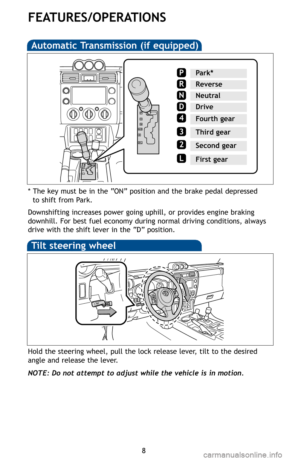 TOYOTA FJ CRUISER 2011 1.G Quick Reference Guide FEATURES/OPERATIONS
8
Automatic Transmission (if equipped)
Downshifting increases power going uphill, or provides engine braking 
downhill. For best fuel economy during normal driving conditions, alwa