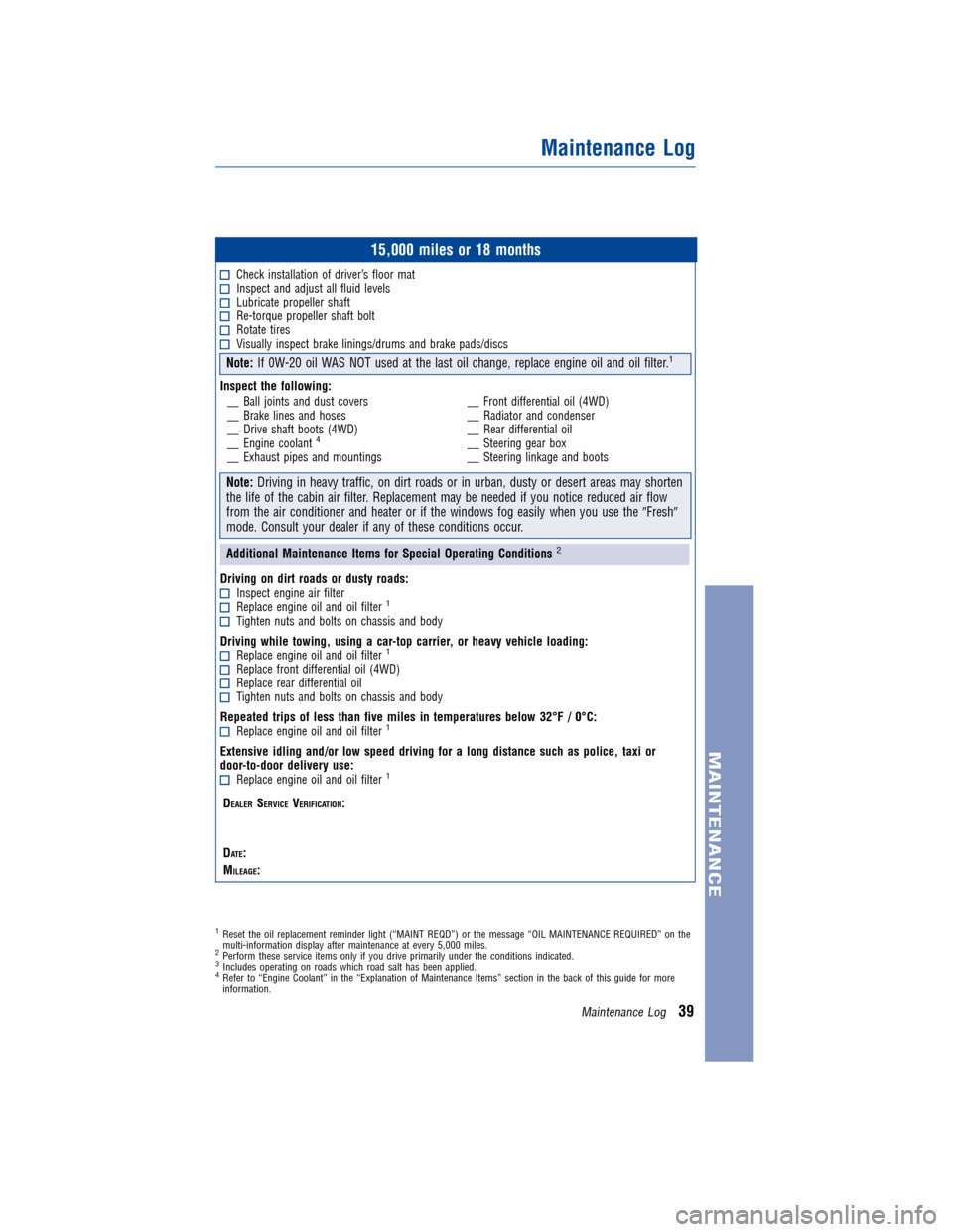 TOYOTA FJ CRUISER 2011 1.G Warranty And Maintenance Guide JOBNAME: 317650-2011-fjcwg-EN PAGE: 39 SESS: 13 OUTPUT: Mon Oct 11 17:50:23 2010
/tweddle/toyota/sched-maint/317650-en-fjc/wg
15,000 miles or 18 months
Check installation of driver’s floor matInspec