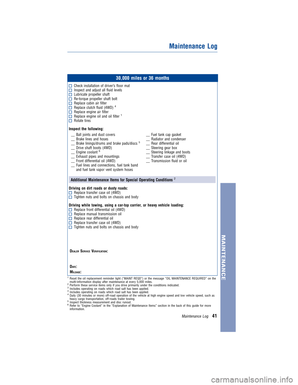 TOYOTA FJ CRUISER 2011 1.G Warranty And Maintenance Guide JOBNAME: 317650-2011-fjcwg-EN PAGE: 41 SESS: 13 OUTPUT: Mon Oct 11 17:50:23 2010
/tweddle/toyota/sched-maint/317650-en-fjc/wg
30,000 miles or 36 months
Check installation of driver’s floor matInspec