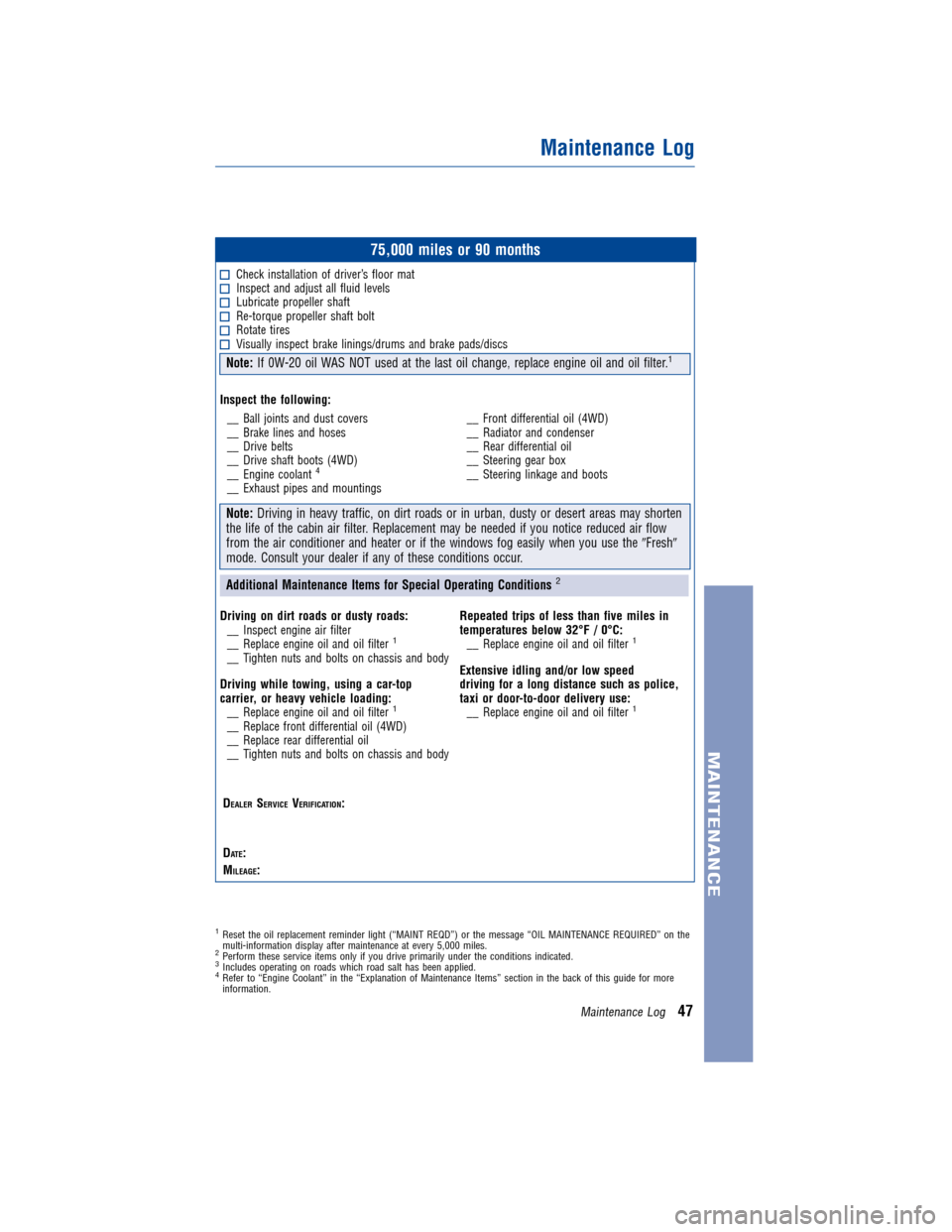 TOYOTA FJ CRUISER 2011 1.G Warranty And Maintenance Guide JOBNAME: 317650-2011-fjcwg-EN PAGE: 47 SESS: 14 OUTPUT: Mon Oct 11 17:50:23 2010
/tweddle/toyota/sched-maint/317650-en-fjc/wg
75,000 miles or 90 months
Check installation of driver’s floor matInspec