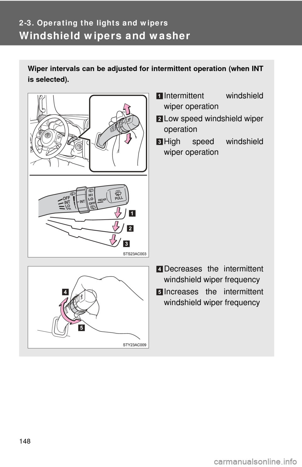 TOYOTA FJ CRUISER 2012 1.G Owners Manual 148
2-3. Operating the lights and wipers
Windshield wipers and washer
Wiper intervals can be adjusted for intermittent operation (when INT
is selected).
Intermittent windshield
wiper operation
Low spe