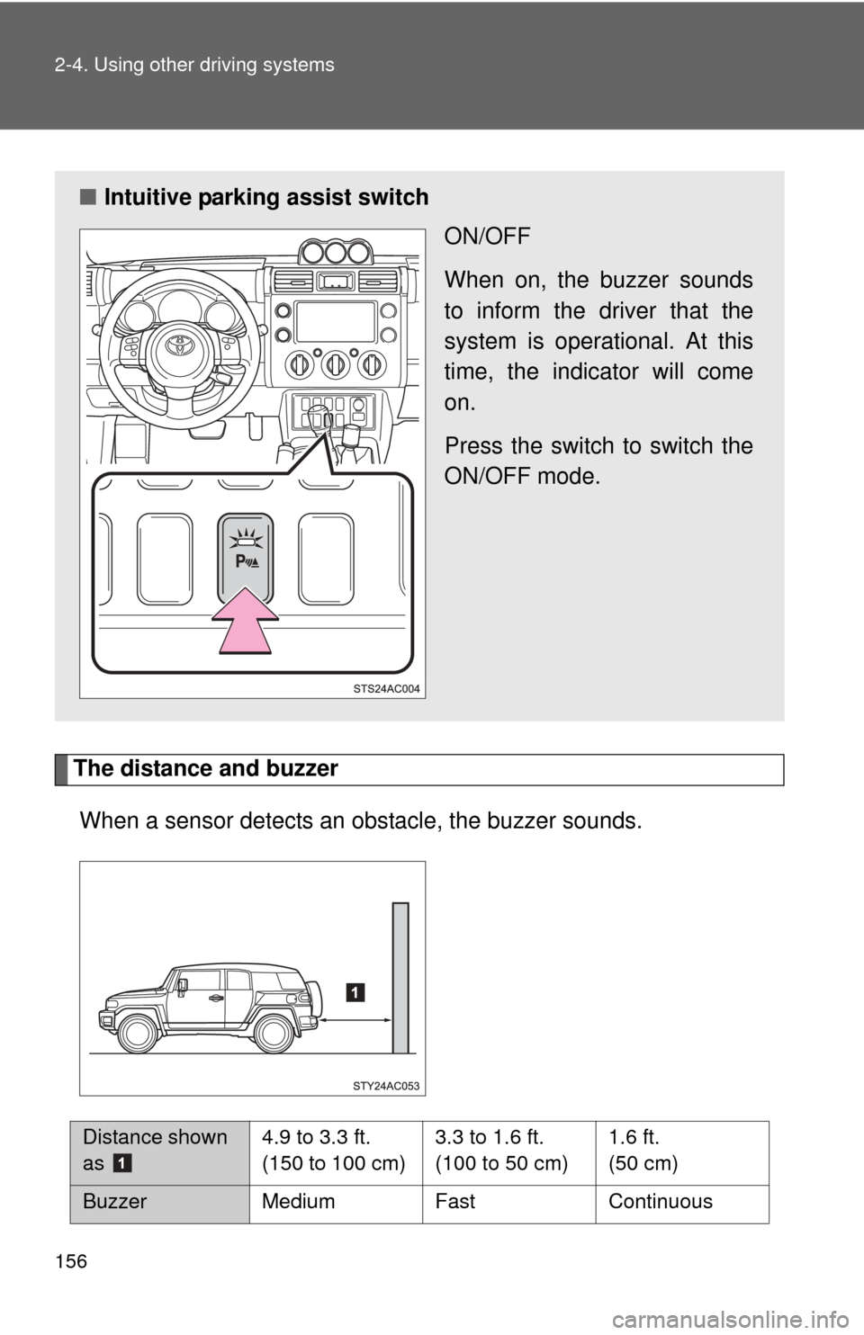 TOYOTA FJ CRUISER 2012 1.G Owners Manual 156 2-4. Using other driving systems
The distance and buzzerWhen a sensor detects an obstacle, the buzzer sounds.
■ Intuitive parking assist switch
ON/OFF
When on, the buzzer sounds
to inform the dr