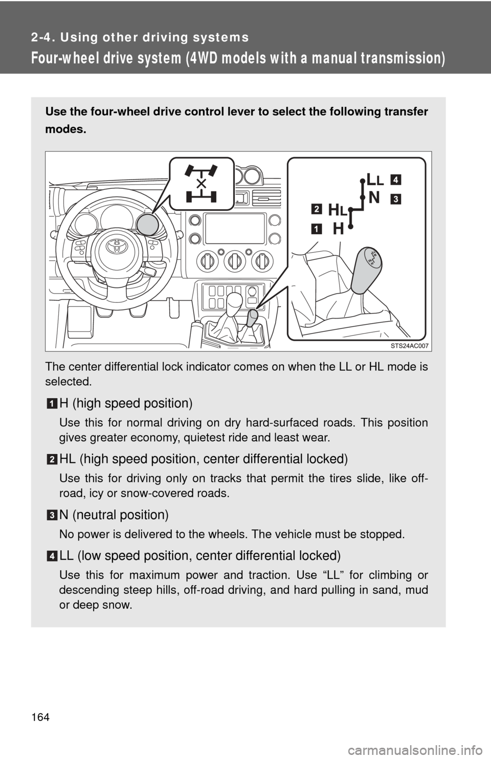 TOYOTA FJ CRUISER 2012 1.G Owners Manual 164
2-4. Using other driving systems
Four-wheel drive system (4WD models with a manual transmission)
Use the four-wheel drive control lever to select the following transfer
modes.
The center different