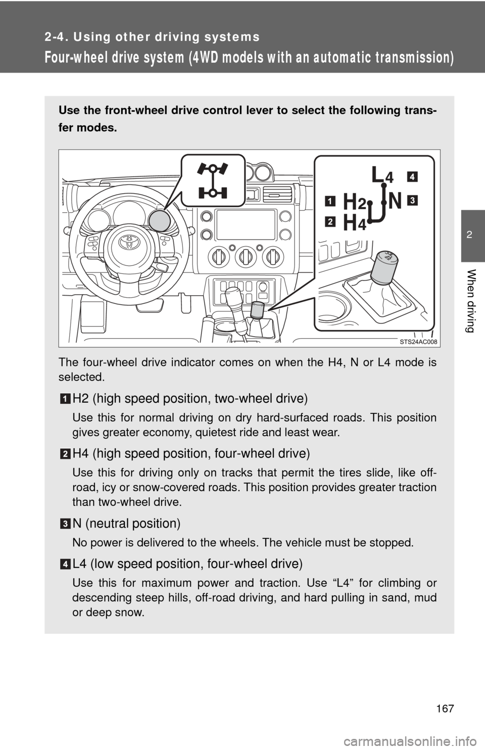 TOYOTA FJ CRUISER 2012 1.G Owners Manual 167
2-4. Using other driving systems
2
When driving
Four-wheel drive system (4WD models with an automatic transmission)
Use the front-wheel drive control lever to select the following trans-
fer modes