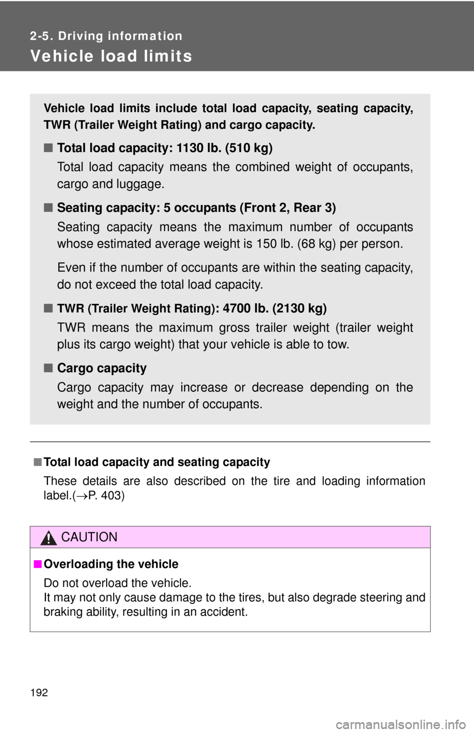 TOYOTA FJ CRUISER 2012 1.G Owners Manual 192
2-5. Driving information
Vehicle load limits
■Total load capacity and seating capacity
These details are also described on the tire and loading information
label.(P. 403)
CAUTION
■Overloadi