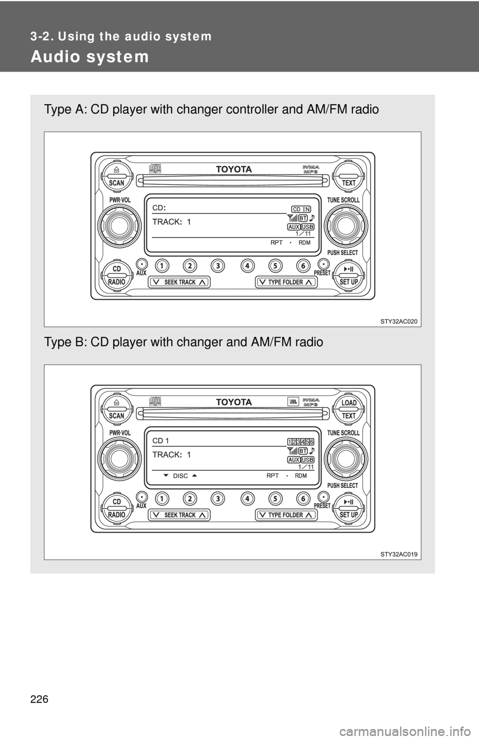 TOYOTA FJ CRUISER 2012 1.G Owners Manual 226
3-2. Using the audio system
Audio system
Type A: CD player with changer controller and AM/FM radio
Type B: CD player with changer and AM/FM radio 