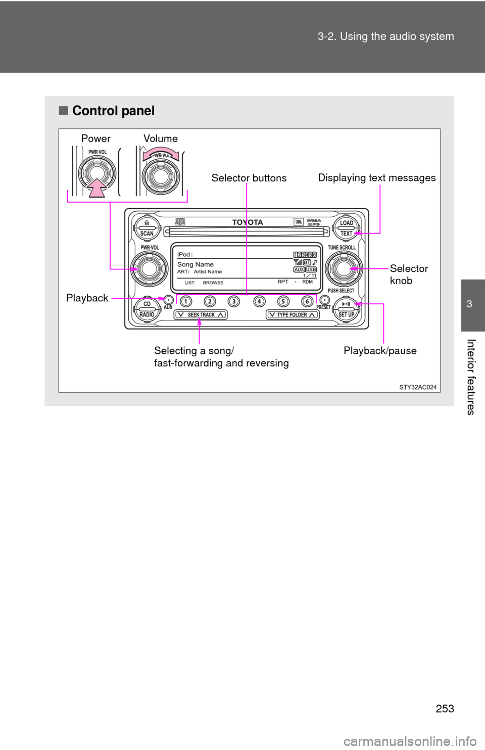 TOYOTA FJ CRUISER 2012 1.G Owners Manual 253
3-2. Using the audio system
3
Interior features
■
Control panel
Playback/pause
Displaying text messages
Selector 
knob
Selector buttons
Selecting a song/
fast-forwarding and reversing
Playback V