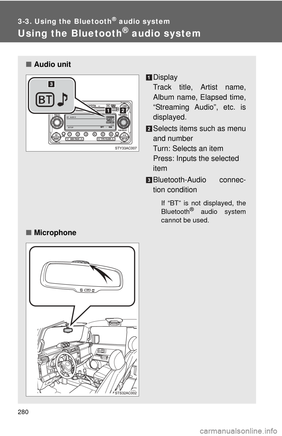 TOYOTA FJ CRUISER 2012 1.G Owners Manual 280
3-3. Using the Bluetooth® audio system
Using the Bluetooth® audio system
■Audio unit
Display
Track title, Artist name,
Album name, Elapsed time,
“Streaming Audio”, etc. is
displayed.
Sele TOYOTA FJ CRUISER 2012 1.G Owners Manual 280
3-3. Using the Bluetooth® audio system
Using the Bluetooth® audio system
■Audio unit
Display
Track title, Artist name,
Album name, Elapsed time,
“Streaming Audio”, etc. is
displayed.
Sele