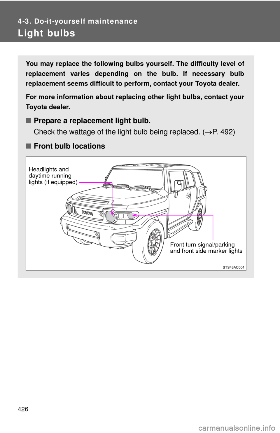TOYOTA FJ CRUISER 2012 1.G Owners Manual 426
4-3. Do-it-yourself maintenance
Light bulbs
You may replace the following bulbs yourself. The difficulty level of
replacement varies depending on the bulb. If necessary bulb
replacement seems diff