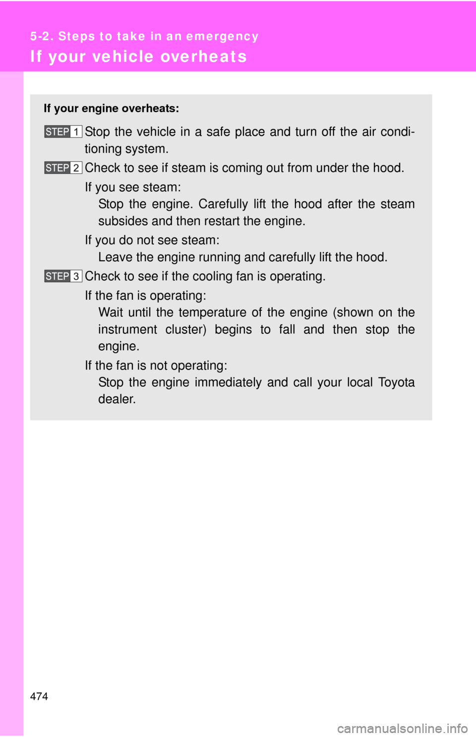 TOYOTA FJ CRUISER 2012 1.G Owners Manual 474
5-2. Steps to take in an emergency
If your vehicle overheats
If your engine overheats:
Stop the vehicle in a safe place and turn off the air condi-
tioning system.
Check to see if steam is coming 