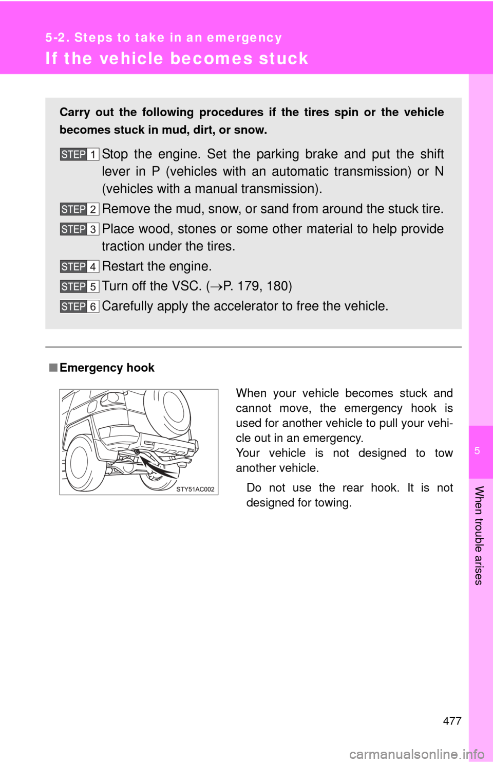 TOYOTA FJ CRUISER 2012 1.G Owners Manual 5
When trouble arises
477
5-2. Steps to take in an emergency
If the vehicle becomes stuck
■Emergency hook
Carry out the following procedures if the tires spin or the vehicle
becomes stuck in mud, di