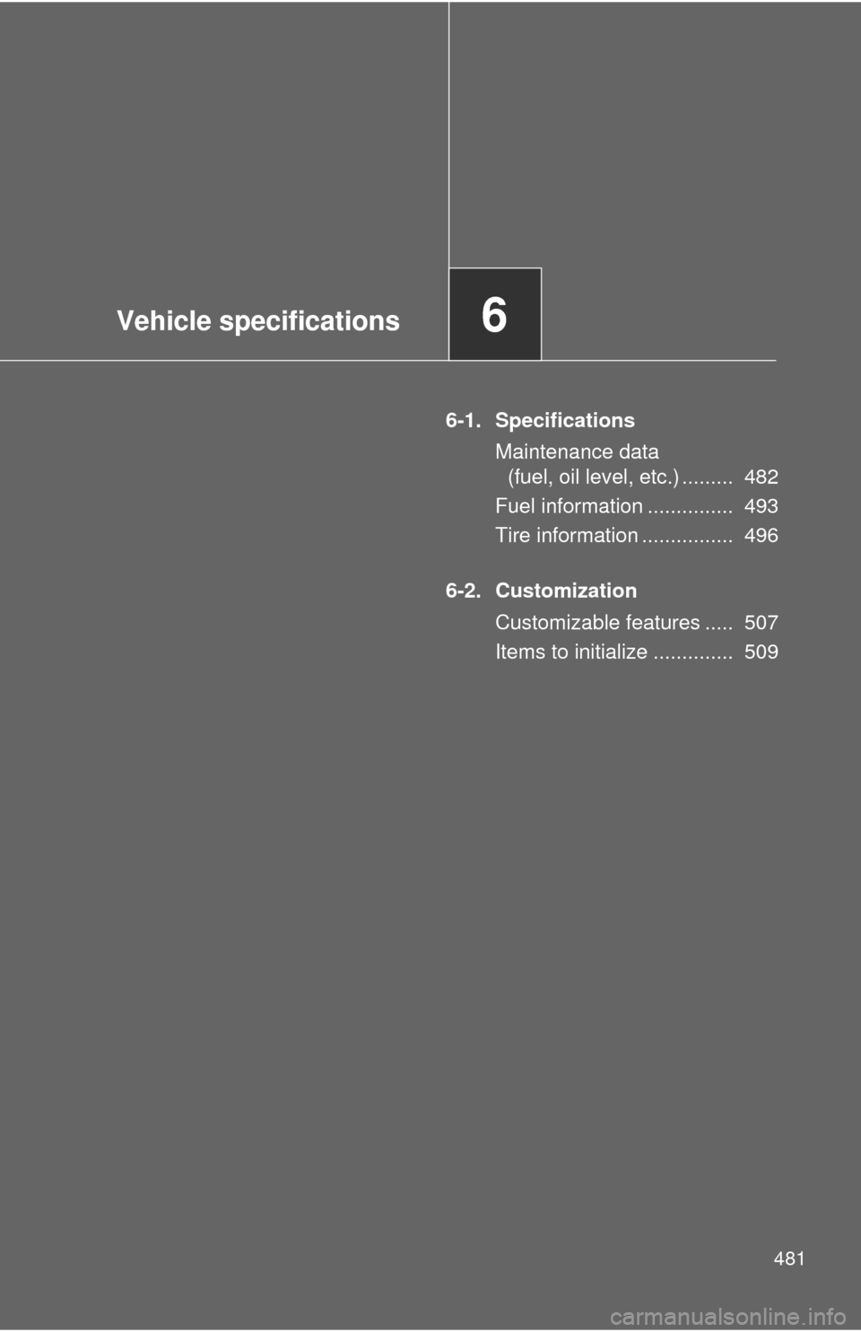 TOYOTA FJ CRUISER 2012 1.G Owners Manual Vehicle specifications6
481
6-1. SpecificationsMaintenance data (fuel, oil level, etc.) .........  482
Fuel information ...............  493
Tire information ................  496
6-2. Customization C