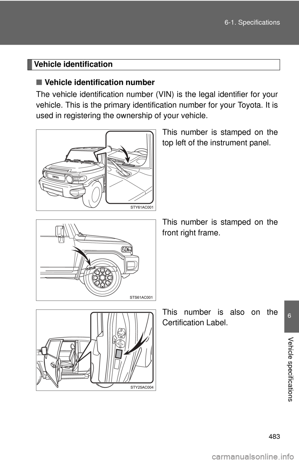 TOYOTA FJ CRUISER 2012 1.G Owners Manual 483
6-1. Specifications
6
Vehicle specifications
Vehicle identification
■ Vehicle identification number
The vehicle identificati on number (VIN) is the legal identifier for your
vehicle. This is the