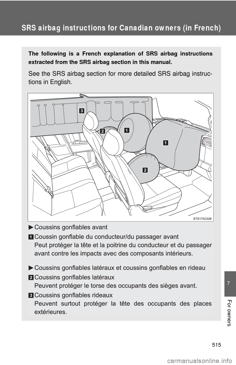TOYOTA FJ CRUISER 2012 1.G Owners Manual 515
7
For owners
SRS airbag instructions for Canadian owners (in French)
The following is a French explanation of SRS airbag instructions
extracted from the SRS airbag section in this manual.
See the TOYOTA FJ CRUISER 2012 1.G Owners Manual 515
7
For owners
SRS airbag instructions for Canadian owners (in French)
The following is a French explanation of SRS airbag instructions
extracted from the SRS airbag section in this manual.
See the
