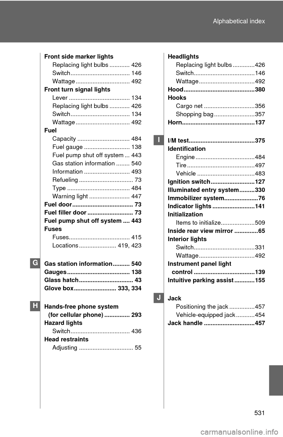 TOYOTA FJ CRUISER 2012 1.G Owners Manual 531
Alphabetical index
Front side marker lights
Replacing light bulbs ............ 426
Switch ................................... 146
Wattage ................................ 492
Front turn signal lig