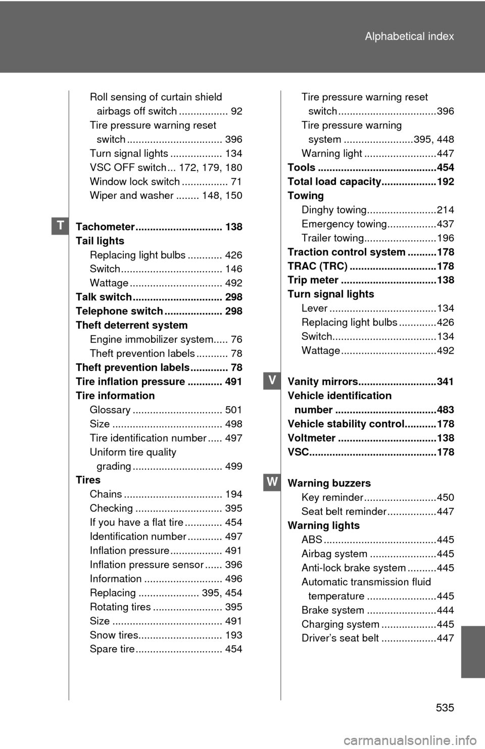 TOYOTA FJ CRUISER 2012 1.G Owners Manual 535
Alphabetical index
Roll sensing of curtain shield 
airbags off switch ................. 92
Tire pressure warning reset  switch ................................. 396
Turn signal lights ............