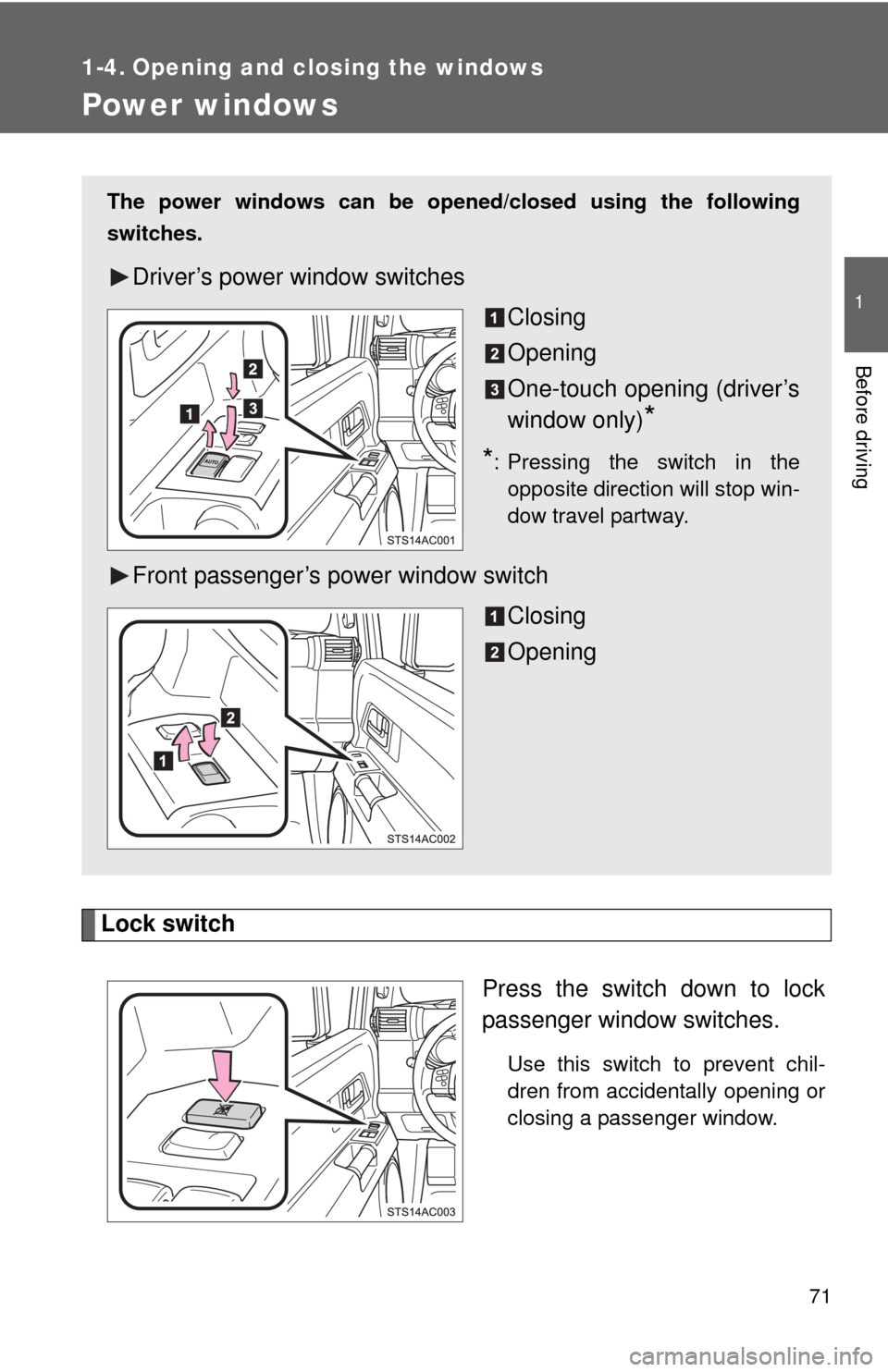 TOYOTA FJ CRUISER 2012 1.G Owners Manual 71
1
Before driving
1-4. Opening and closing the windows
Power windows
Lock switchPress the switch down to lock
passenger window switches.
Use this switch to prevent chil-
dren from accidentally openi