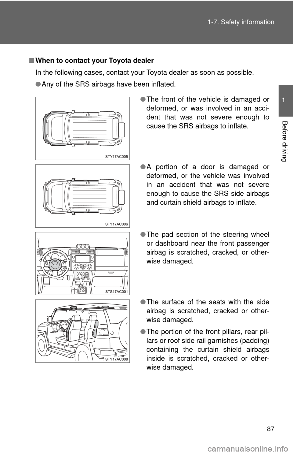 TOYOTA FJ CRUISER 2012 1.G Manual Online 87
1-7. Safety information
1
Before driving
■
When to contact your Toyota dealer
In the following cases, contact your Toyota dealer as soon as possible.
●Any of the SRS airbags have been inflated. TOYOTA FJ CRUISER 2012 1.G Manual Online 87
1-7. Safety information
1
Before driving
■
When to contact your Toyota dealer
In the following cases, contact your Toyota dealer as soon as possible.
●Any of the SRS airbags have been inflated.
