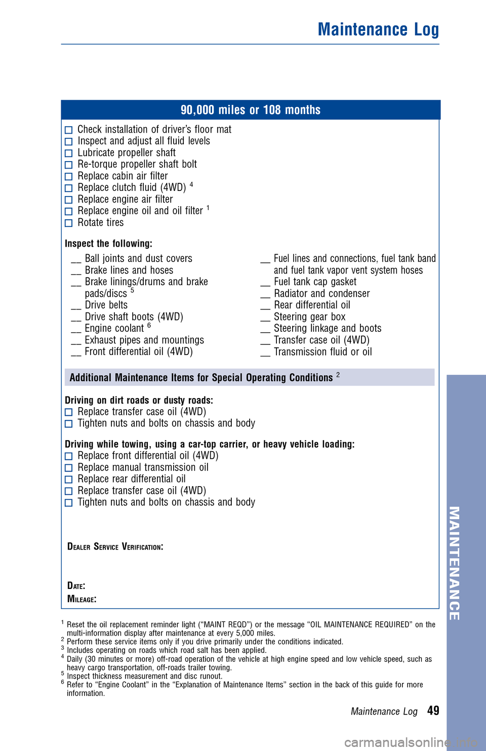 TOYOTA FJ CRUISER 2012 1.G Warranty And Maintenance Guide JOBNAME: 934397-2012-fjc-toyw PAGE: 49 SESS: 11 OUTPUT: Tue Aug 2 10:34:27 2011
/tweddle/toyota/sched-maint/934397-en-fjc/wg
90,000 miles or 108 months
Check installation of driver’s floor matInspec