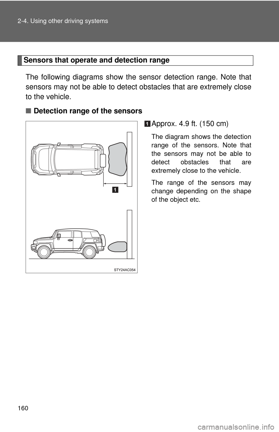 TOYOTA FJ CRUISER 2013 1.G Owners Manual 160 2-4. Using other driving systems
Sensors that operate and detection rangeThe following diagrams show the sensor detection range. Note that
sensors may not be able to detect obstacles that are extr