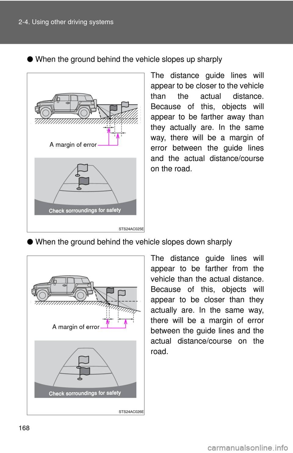 TOYOTA FJ CRUISER 2013 1.G Owners Manual 168 2-4. Using other driving systems
●When the ground behind the vehicle slopes up sharply
The distance guide lines will
appear to be closer to the vehicle
than the actual distance.
Because of this, TOYOTA FJ CRUISER 2013 1.G Owners Manual 168 2-4. Using other driving systems
●When the ground behind the vehicle slopes up sharply
The distance guide lines will
appear to be closer to the vehicle
than the actual distance.
Because of this,