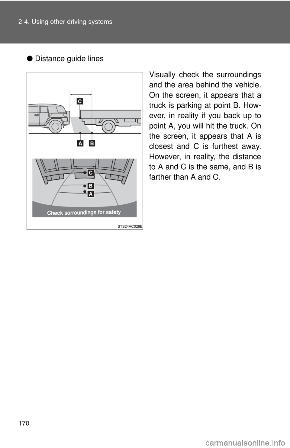 TOYOTA FJ CRUISER 2013 1.G Owners Manual 170 2-4. Using other driving systems
●Distance guide lines
Visually check the surroundings
and the area behind the vehicle.
On the screen, it appears that a
truck is parking at point B. How-
ever, i TOYOTA FJ CRUISER 2013 1.G Owners Manual 170 2-4. Using other driving systems
●Distance guide lines
Visually check the surroundings
and the area behind the vehicle.
On the screen, it appears that a
truck is parking at point B. How-
ever, i