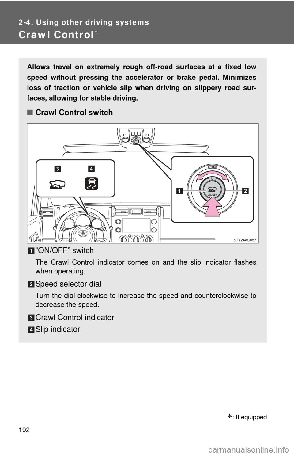 TOYOTA FJ CRUISER 2013 1.G Owners Manual 192
2-4. Using other driving systems
Crawl Control
: If equipped
Allows travel on extremely rough off-road surfaces at a fixed low
speed without pressing the accelerator or brake pedal. Minimiz TOYOTA FJ CRUISER 2013 1.G Owners Manual 192
2-4. Using other driving systems
Crawl Control
: If equipped
Allows travel on extremely rough off-road surfaces at a fixed low
speed without pressing the accelerator or brake pedal. Minimiz