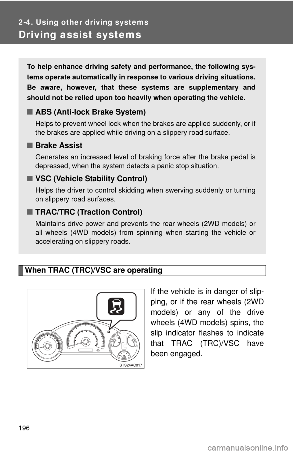 TOYOTA FJ CRUISER 2013 1.G Owners Manual 196
2-4. Using other driving systems
Driving assist systems
When TRAC (TRC)/VSC are operatingIf the vehicle is in danger of slip-
ping, or if the rear wheels (2WD
models) or any of the drive
wheels (4 TOYOTA FJ CRUISER 2013 1.G Owners Manual 196
2-4. Using other driving systems
Driving assist systems
When TRAC (TRC)/VSC are operatingIf the vehicle is in danger of slip-
ping, or if the rear wheels (2WD
models) or any of the drive
wheels (4