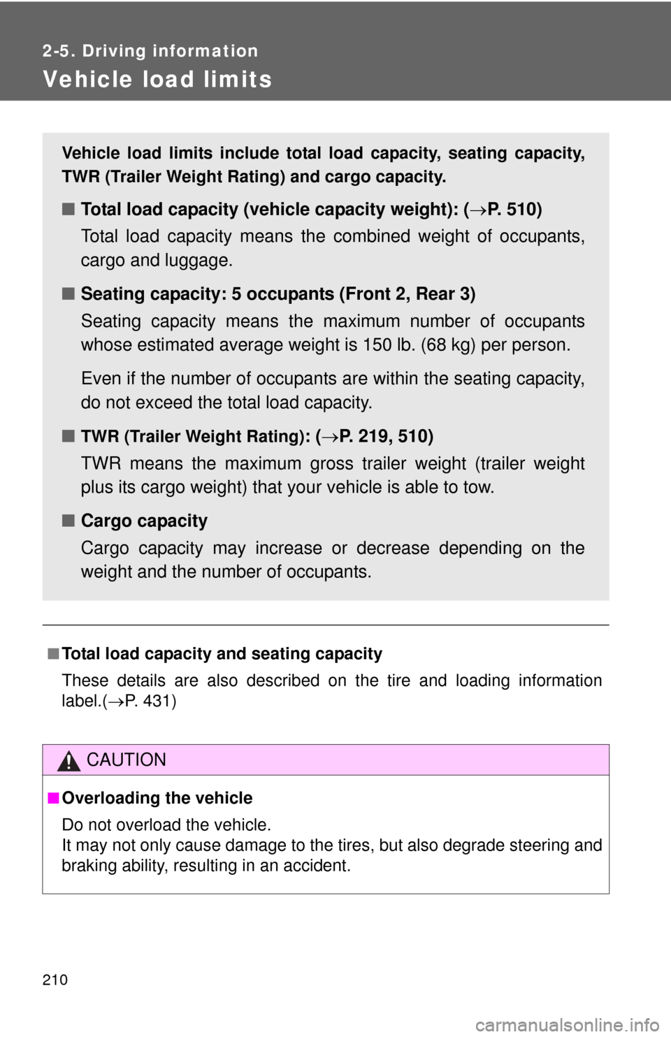 TOYOTA FJ CRUISER 2013 1.G Owners Manual 210
2-5. Driving information
Vehicle load limits
■Total load capacity and seating capacity
These details are also described on the tire and loading information
label.(P. 431)
CAUTION
■Overloadi