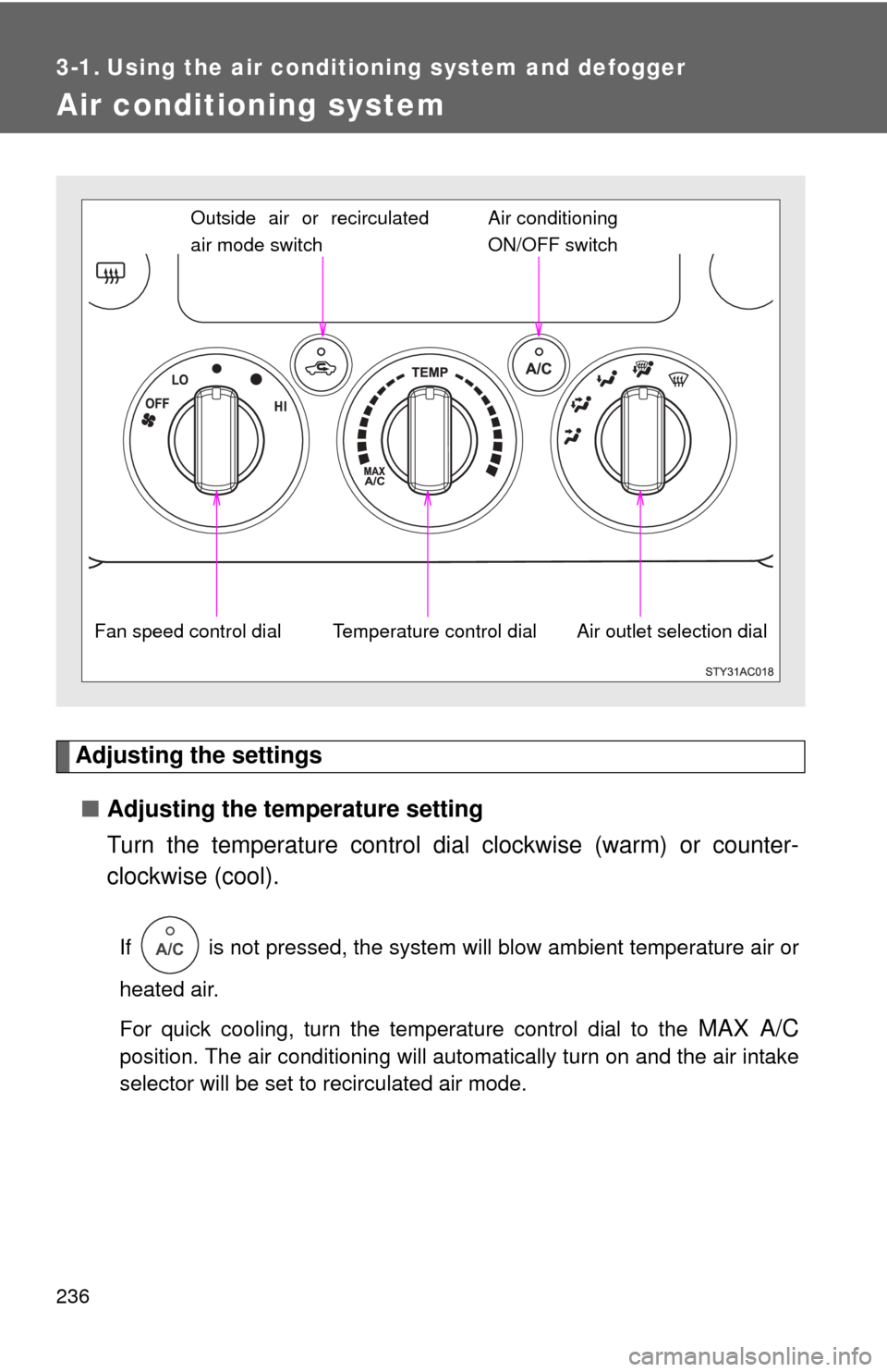 TOYOTA FJ CRUISER 2013 1.G Owners Manual 236
3-1. Using the air conditioning system and defogger
Air conditioning system
Adjusting the settings■ Adjusting the temperature setting
Turn the temperature control dial  clockwise (warm) or count
