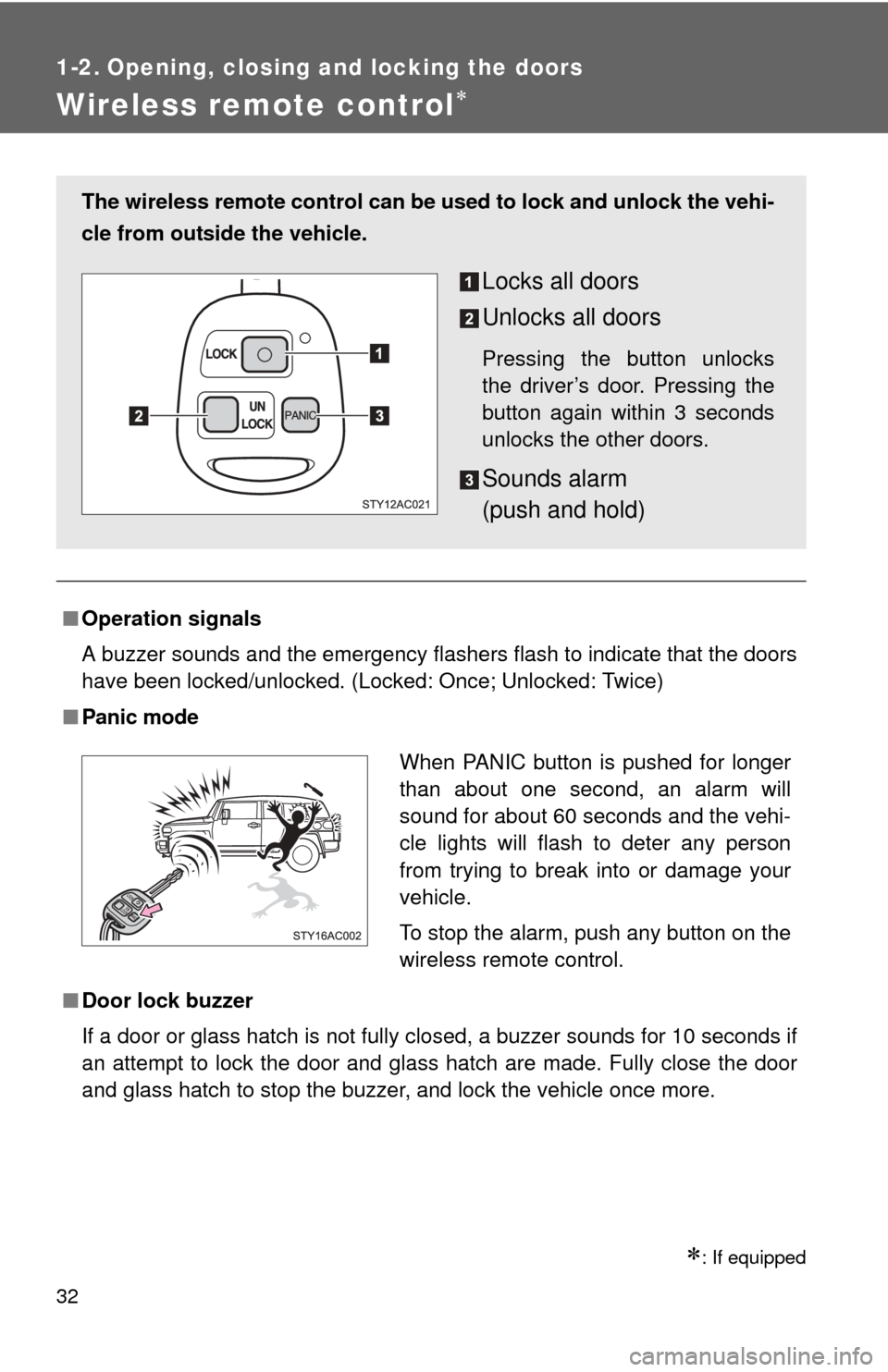 TOYOTA FJ CRUISER 2013 1.G Owners Guide 32
1-2. Opening, closing and locking the doors
Wireless remote control
: If equipped
■Operation signals
A buzzer sounds and the emergency flashers flash to indicate that the doors
have been lo TOYOTA FJ CRUISER 2013 1.G Owners Guide 32
1-2. Opening, closing and locking the doors
Wireless remote control
: If equipped
■Operation signals
A buzzer sounds and the emergency flashers flash to indicate that the doors
have been lo