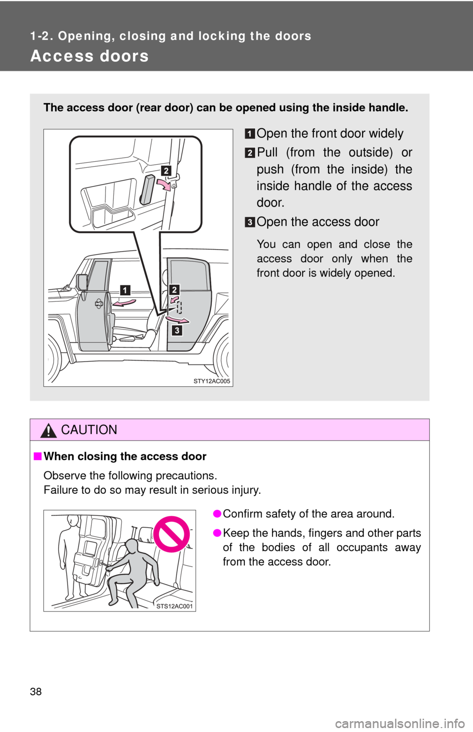TOYOTA FJ CRUISER 2013 1.G Owners Guide 38
1-2. Opening, closing and locking the doors
Access doors
CAUTION
■When closing the access door
Observe the following precautions.
Failure to do so may result in serious injury.
The access door (r
