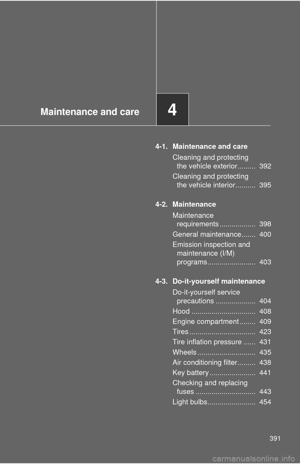TOYOTA FJ CRUISER 2013 1.G Owners Manual Maintenance and care4
391
4-1. Maintenance and careCleaning and protecting the vehicle exterior .........  392
Cleaning and protecting  the vehicle interior ..........  395
4-2. Maintenance Maintenanc