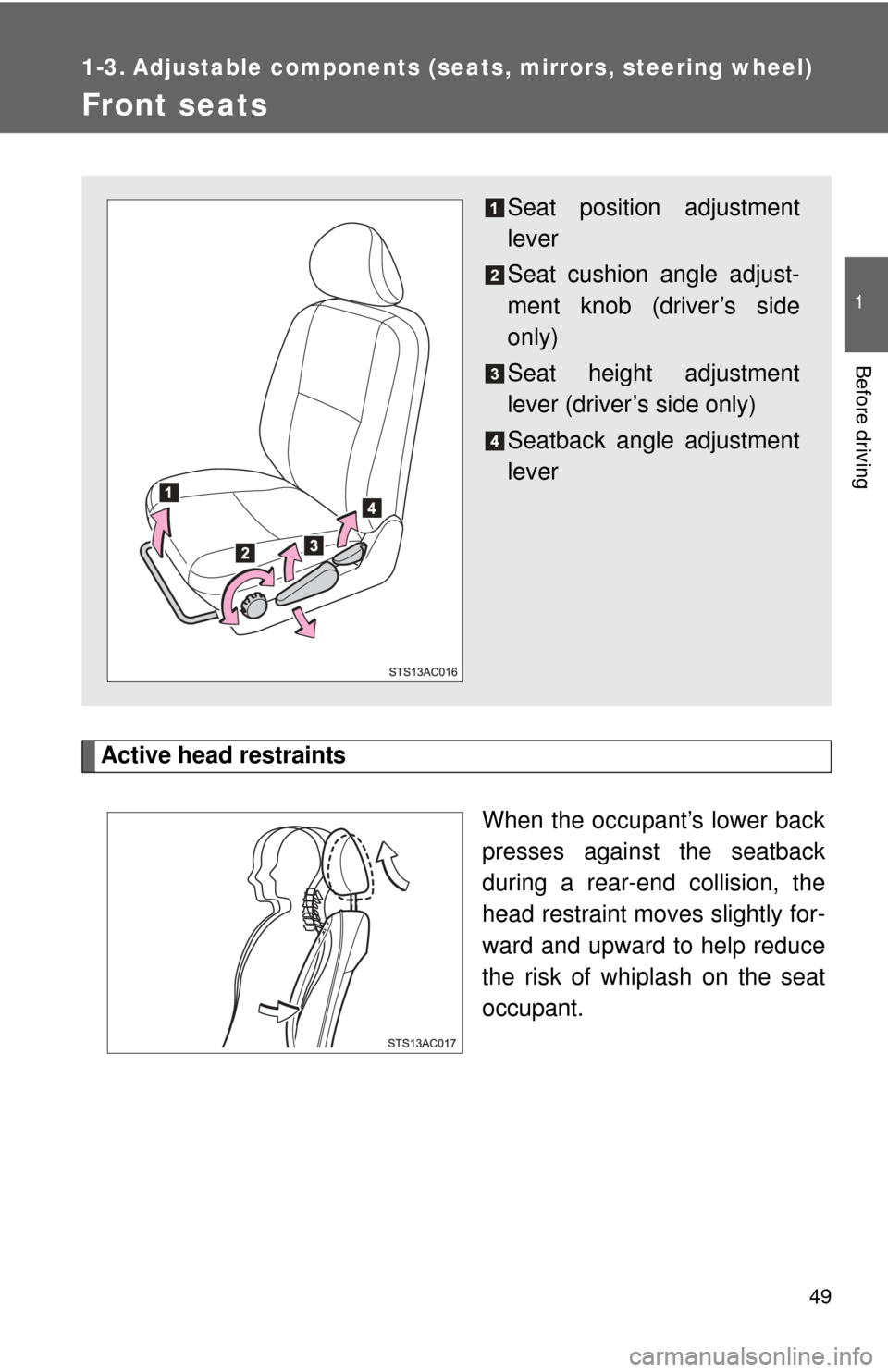 TOYOTA FJ CRUISER 2013 1.G Service Manual 49
1
Before driving
1-3. Adjustable components (seats, mirrors, steering wheel)
Front seats
Active head restraints
When the occupant’s lower back
presses against the seatback
during a rear-end colli TOYOTA FJ CRUISER 2013 1.G Service Manual 49
1
Before driving
1-3. Adjustable components (seats, mirrors, steering wheel)
Front seats
Active head restraints
When the occupant’s lower back
presses against the seatback
during a rear-end colli