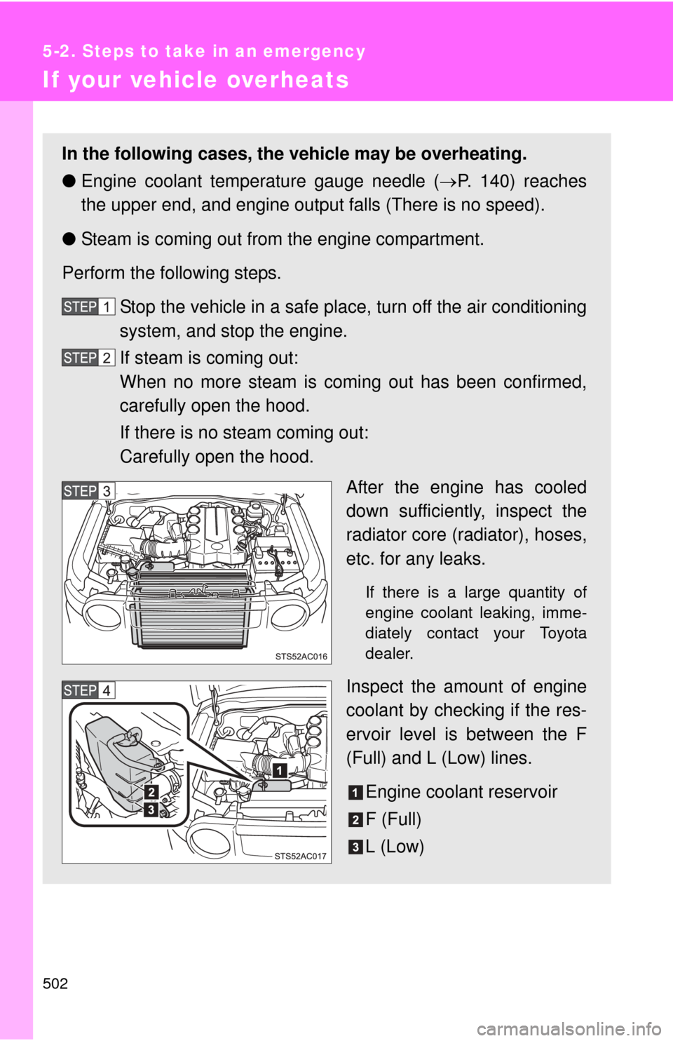 TOYOTA FJ CRUISER 2013 1.G Owners Manual 502
5-2. Steps to take in an emergency
If your vehicle overheats
In the following cases, the vehicle may be overheating.
●Engine coolant temperature gauge needle ( P. 140) reaches
the upper end, 