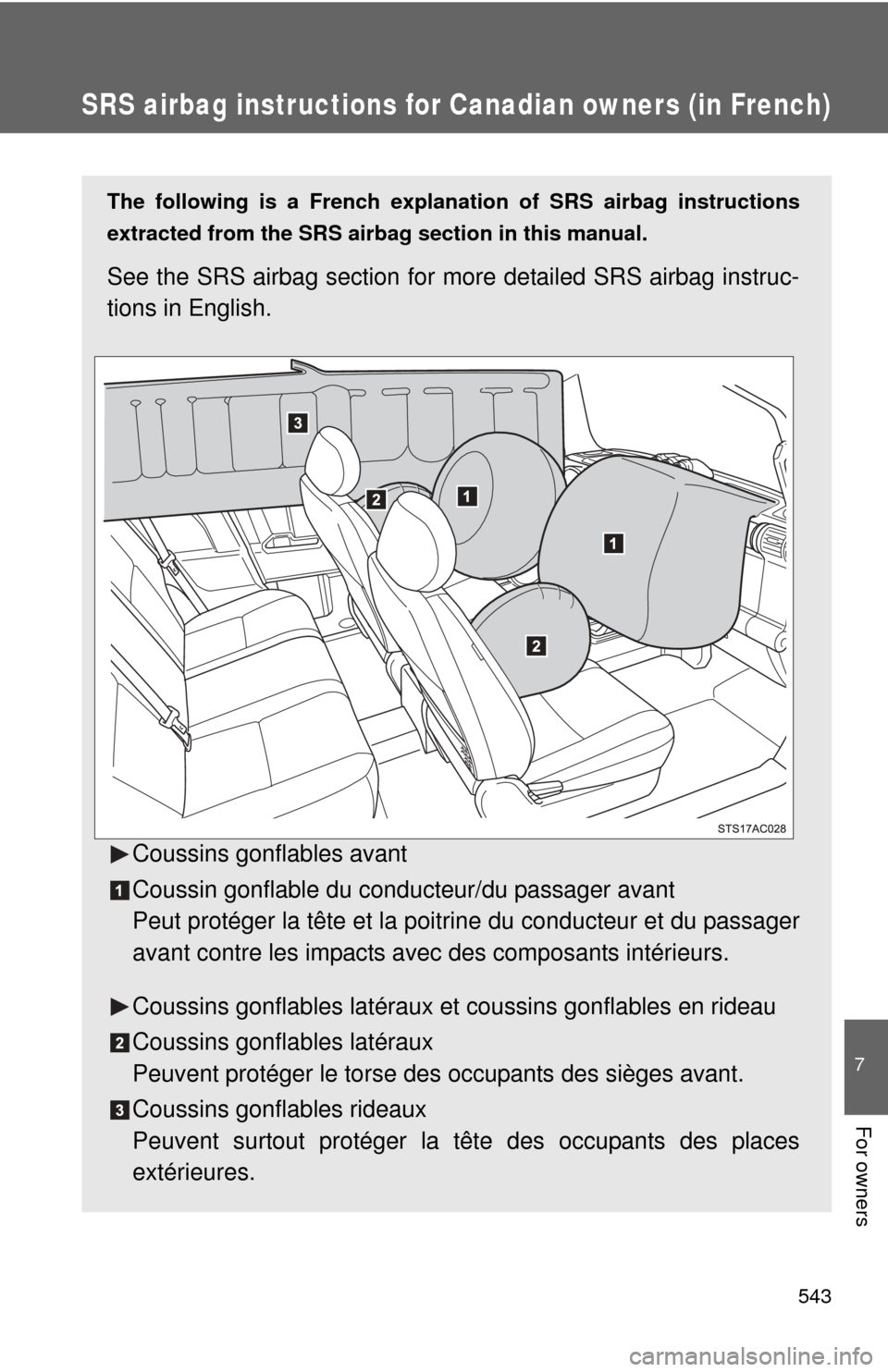 TOYOTA FJ CRUISER 2013 1.G Owners Manual 543
7
For owners
SRS airbag instructions for Canadian owners (in French)
The following is a French explanation of SRS airbag instructions
extracted from the SRS airbag section in this manual.
See the TOYOTA FJ CRUISER 2013 1.G Owners Manual 543
7
For owners
SRS airbag instructions for Canadian owners (in French)
The following is a French explanation of SRS airbag instructions
extracted from the SRS airbag section in this manual.
See the