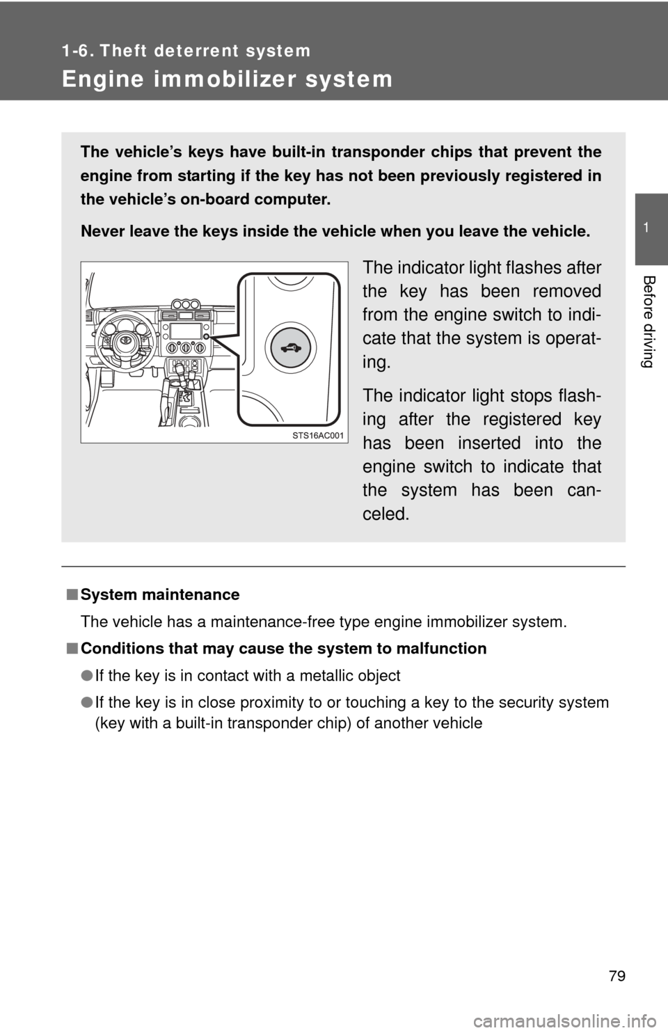 TOYOTA FJ CRUISER 2013 1.G Manual PDF 79
1
Before driving
1-6. Theft deterrent system
Engine immobilizer system
■System maintenance
The vehicle has a maintenance-free type engine immobilizer system.
■ Conditions that may cause  the sy
