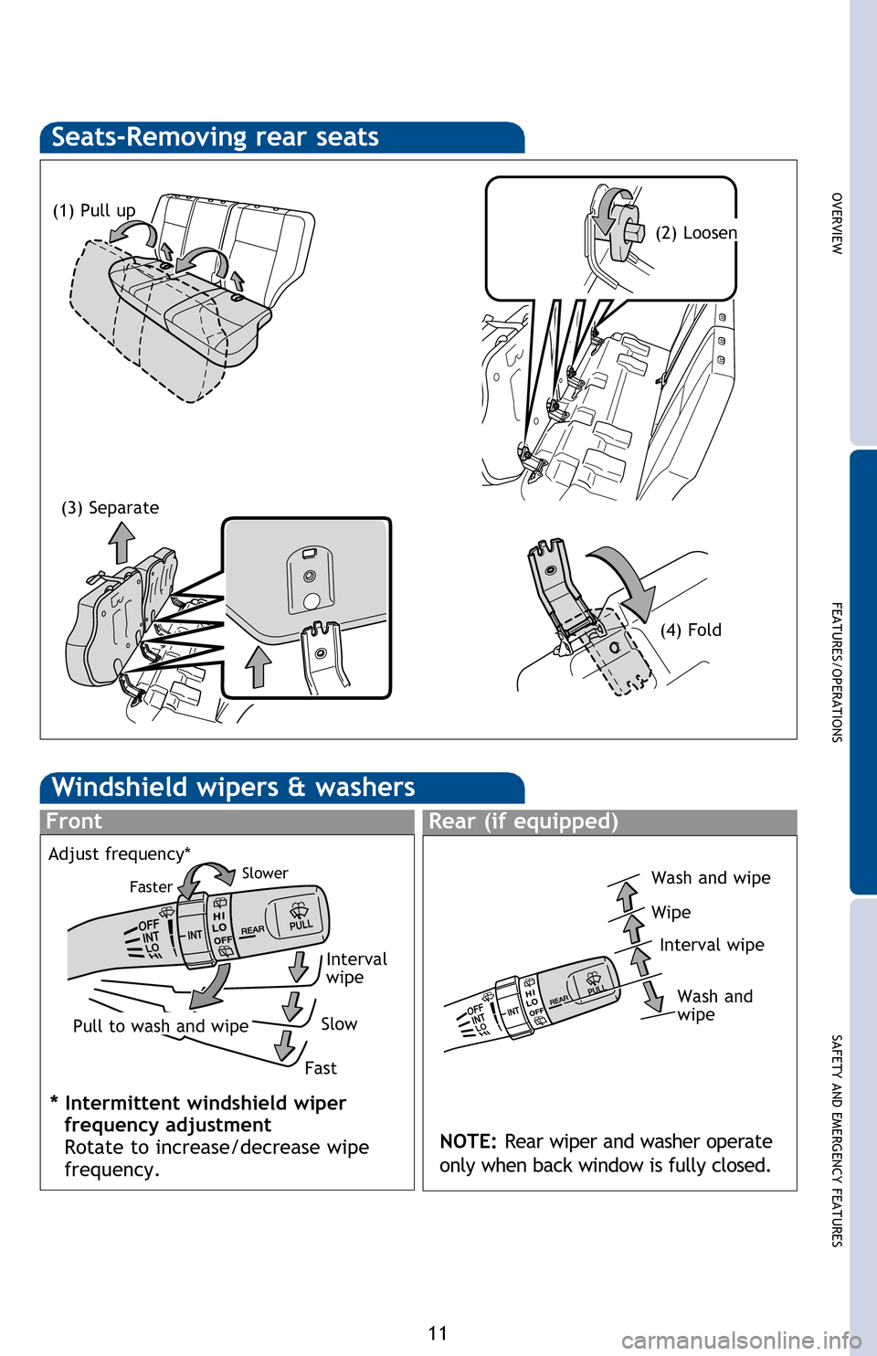 TOYOTA FJ CRUISER 2013 1.G Quick Reference Guide OVERVIEW
FEATURES/OPERATIONS
SAFETY AND EMERGENCY FEATURES
11
Seats-Removing rear seats
(1) Pull up
(2) Loosen
(3) Separate
(4) Fold
Seat position (forward/backward)
Cushion angle  (driver side only) 
