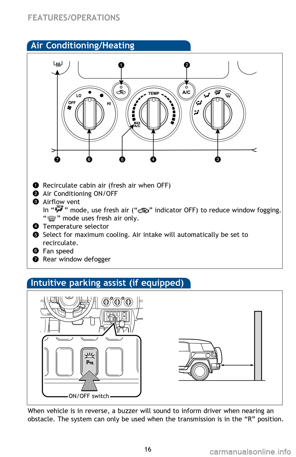 TOYOTA FJ CRUISER 2013 1.G Quick Reference Guide 16
FEATURES/OPERATIONS
When vehicle is in reverse, a buzzer will sound to inform driver when nearing an 
obstacle. The system can only be used when the transmission is in the “R” position. 
ON/OFF