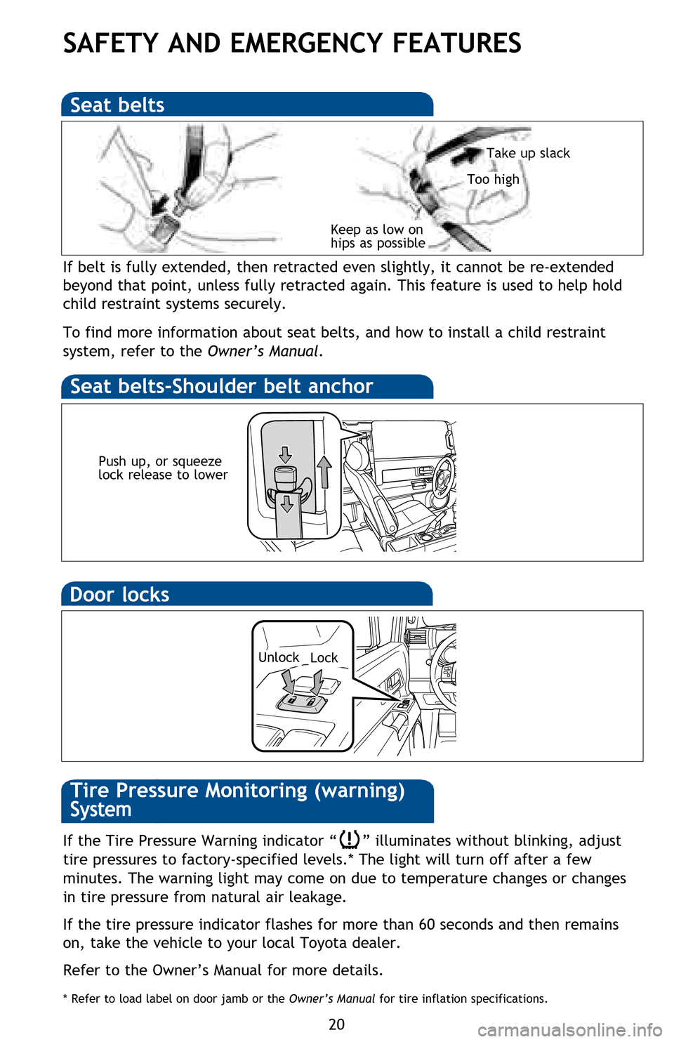 TOYOTA FJ CRUISER 2013 1.G Quick Reference Guide 20
SAFETY AND EMERGENCY FEATURES
Seat belts
Seat belts-Shoulder belt anchor
If belt is fully extended, then retracted even slightly, it cannot be re-extended
beyond that point, unless fully retracted TOYOTA FJ CRUISER 2013 1.G Quick Reference Guide 20
SAFETY AND EMERGENCY FEATURES
Seat belts
Seat belts-Shoulder belt anchor
If belt is fully extended, then retracted even slightly, it cannot be re-extended
beyond that point, unless fully retracted
