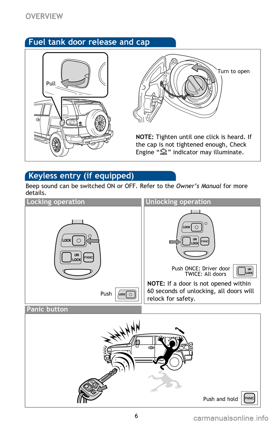 TOYOTA FJ CRUISER 2013 1.G Quick Reference Guide 6
Hood release
Windshield washer fluid tank
Power steering fluid reservoir
Engine oil level dipstick
Engine coolant reservoir
Engine oil filler cap
NOTE: Regularly scheduled maintenance, including TOYOTA FJ CRUISER 2013 1.G Quick Reference Guide 6
Hood release
Windshield washer fluid tank
Power steering fluid reservoir
Engine oil level dipstick
Engine coolant reservoir
Engine oil filler cap
NOTE: Regularly scheduled maintenance, including
